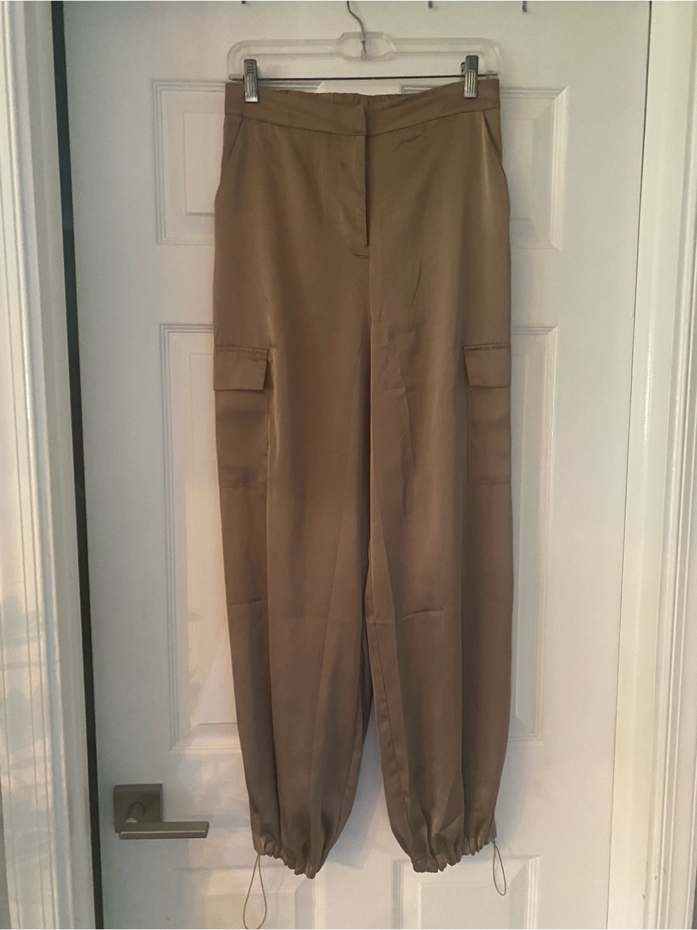 The Workshop Women's Satin Cargo Drawstring Hem Pants - Taupe Sz M